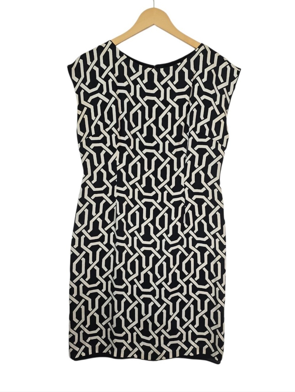 INC International Concepts Silk Midi Dress Size 10 Black White Geometric Sheath